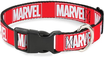 Dog Collar Plastic Clip Marvel Red Brick Logo Red White 15 to 26 Inches 1.0 Inch Wide