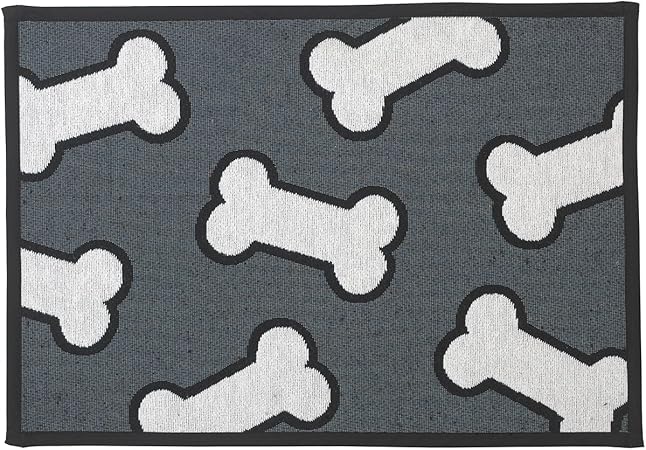 PetRageous 10216 Scattered Bones Tapestry Non-Skid Machine Washable Dog Placemat for Pet Feeding Areas with Rubber Backing 13-Inch by 19-Inch for Dogs, Grey