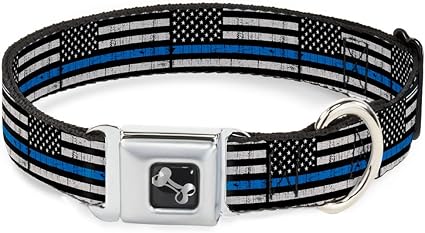 Dog Collar Seatbelt Buckle Thin Blue Line Flag Weathered Black Gray Blue 15 to 26 Inches 1.0 Inch Wide