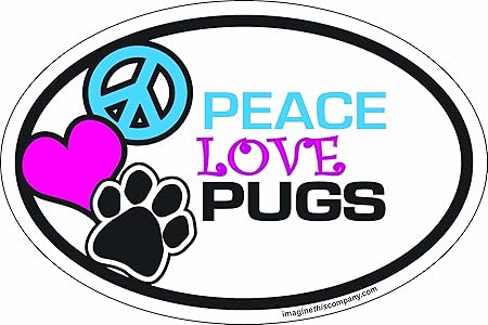 4-Inch by 6-Inch Car Magnet Oval, Peace Love Pugs