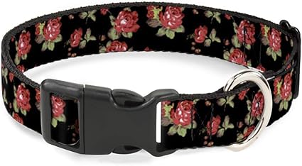 Buckle-Down Plastic Clip Collar - Red Roses Scattered Black - 1