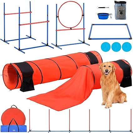 VEVOR Dog Agility Course Backyard Set, 13pcs Agility Training Equipment for Dogs, 2 Tunnels with Sandbags,Adjustable Hurdles,Weave Poles,Jump Ring,Pause Box, Puppy Obstacle Course Kit with Storage Bag