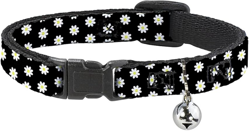 Buckle-Down Cat Collar Breakaway Daisies Scattered Black White Yellow 8 to 12 Inches 0.5 Inch Wide