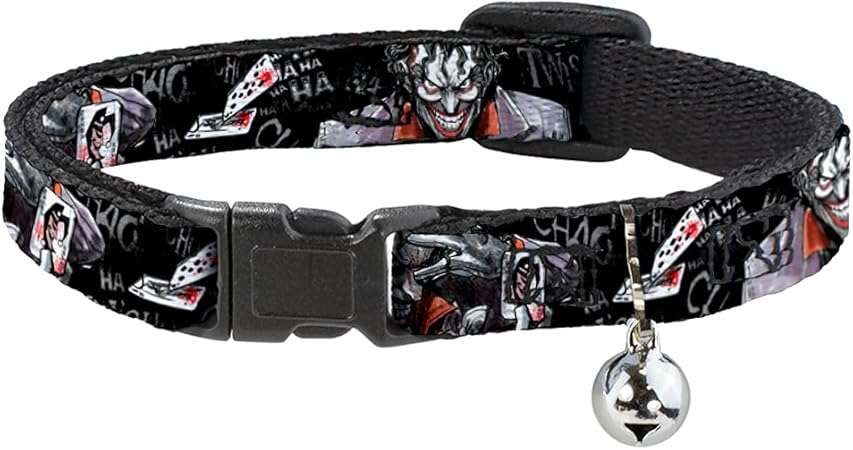 Cat Collar Breakaway Joker Brilliantly Twisted Psycho 2 Poses Cards Black Grays 8 to 12 Inches 0.5 Inch Wide