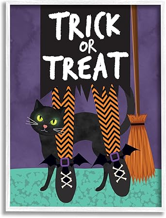 Stupell Industries Trick or Treat Cat & Witch Framed Wall Art, Design by Linda Birtel