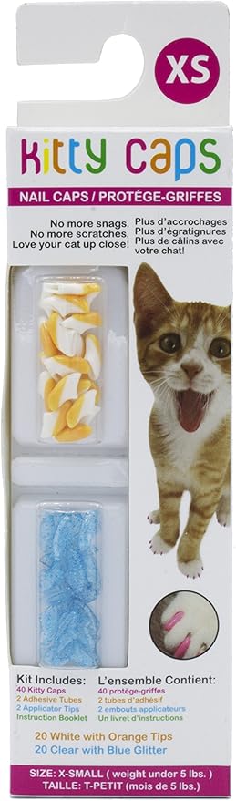 Kitty Caps Nail Caps for Cats Safe, Stylish & Humane Alternative to Declawing Stops Snags and Scratches, X-Small (Under 5 lbs), White with Orange & Clear with Blue Glitter (Pack of 1)