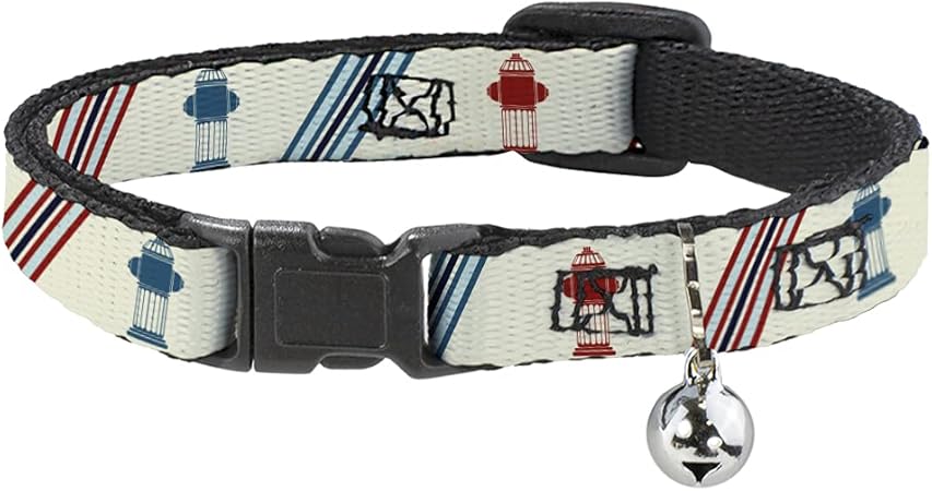 Buckle-Down Cat Collar Breakaway Fire Hydrants Stripes Tan Blues Reds 8 to 12 Inches 0.5 Inch Wide