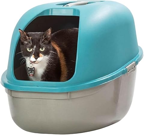 Pets Open Top Cat Litter Tray with Scoop and Scatter Shield, Sturdy Easy to Clean Open Air Kitty Bathroom Litter Box 24x20in, White and Blue