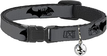 Buckle-Down Cat Collar Breakaway Retro Bat Logo Gray Black 8 to 12 Inches 0.5 Inch Wide