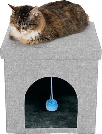 Furhaven Pet House for Indoor Cats & Small Dogs, Collapsible & Foldable w/Plush Ball Toy - Living Room Footstool Cat Condo - Mist Gray, Small