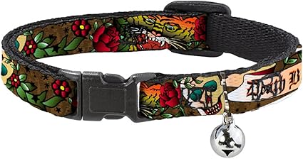 Cat Collar Breakaway Death Before Dishonor Olive 8 to 12 Inches 0.5 Inch Wide