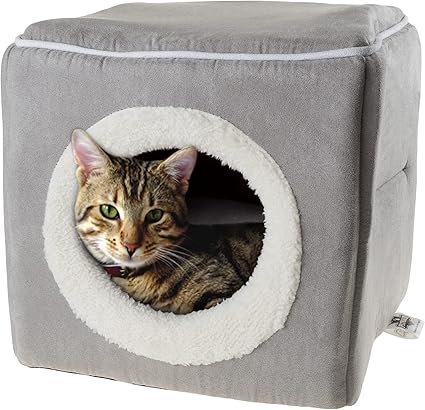 Cat House - Indoor Bed with Removable Foam Cushion - Cat Cave for Puppies, Rabbits, Guinea Pigs, Hedgehogs, and Other Small Animals by PETMAKER (Gray)