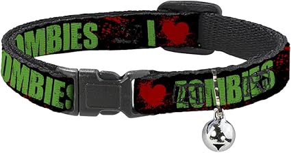 Cat Collar Breakaway I Heart Zombies Bold Splatter Black Green Red 8 to 12 Inches 0.5 Inch Wide