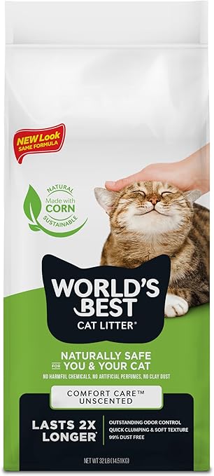 WORLD'S BEST CAT LITTER Comfort Care Unscented, 32-Pounds - Natural Ingredients, Quick Clumping, Flushable, 99% Dust Free & Made in USA - Long-Lasting Odor Control & Easy Scooping