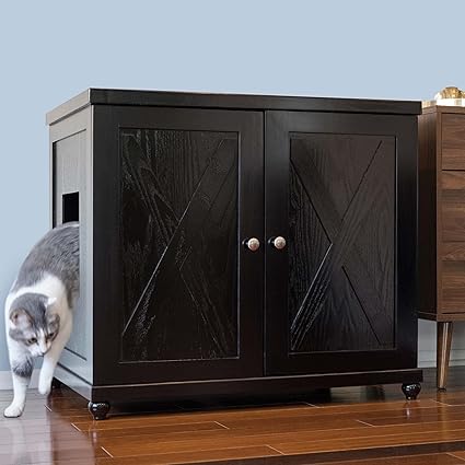 The Refined Feline Cat Litter Box Enclosure Cabinet, Hidden Litter Tray Cat Furniture, Large + XLarge, Farmhouse Style, Espresso Color