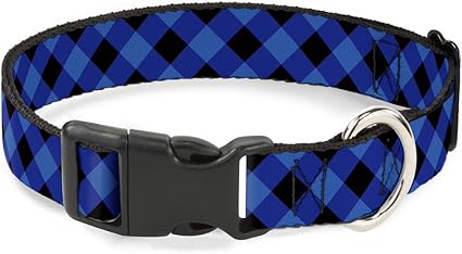 Buckle-Down Plastic Clip Collar - Diagonal Buffalo Plaid Black/Blue - 1/2