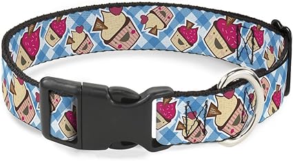 Cat Collar Breakaway Happy Cupcakes Buffalo Plaid White Blue 6 to 9 Inches 0.5 Inch Wide