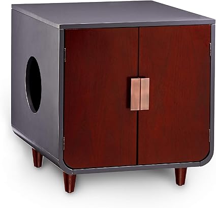 Teamson Pets Dyad Hidden Litter Box Enclosure & Mid-Century Side Table Combination with Side Entrance & Double Doors, Mocha Walnut