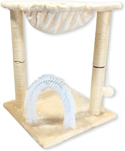 POLIPETS 19” Tall Cat Tower with Hammock,Sisal Scratching Posts and Pets Self Groomer Massager, Soft Hanging Basket Perch Hammock,Indoors Cat Furniture 16x15”, Beige