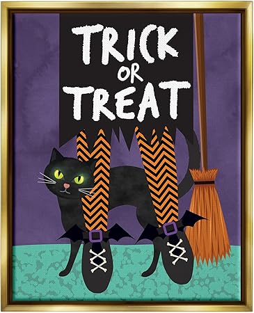 Stupell Industries Trick or Treat Cat & Witch Floating Framed Wall Art, Design by Linda Birtel