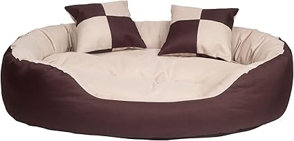 long rich Durable Bolster Sleeper Oval Pet Bed with Removable Reversible Insert Cushion and Additional Two Pillow Toys (6X 6 inches), Brown to Beige Color, by Happycare Textiles, Large 34x27 inches