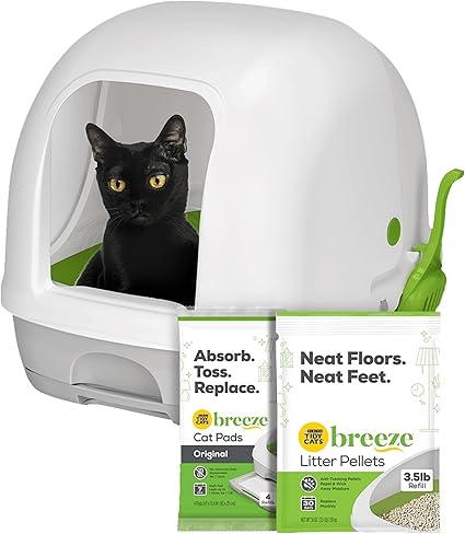 Purina Tidy Cats Hooded Litter Box System, BREEZE Hooded System Starter Kit Litter Box, Litter Pellets & Pads