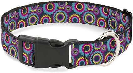 Buckle-Down Cat Collar Breakaway Jagged Rings Teals Fuchsia Yellow 9 to 15 Inches 0.5 Inch Wide