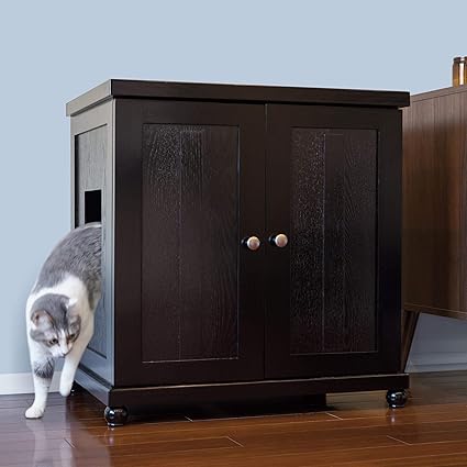 THE REFINED FELINE Cat Litter Box Enclosure Cabinet, Shaker, Black Espresso, Round Feet, Large, Hidden Litter Cat Furniture with Drawer