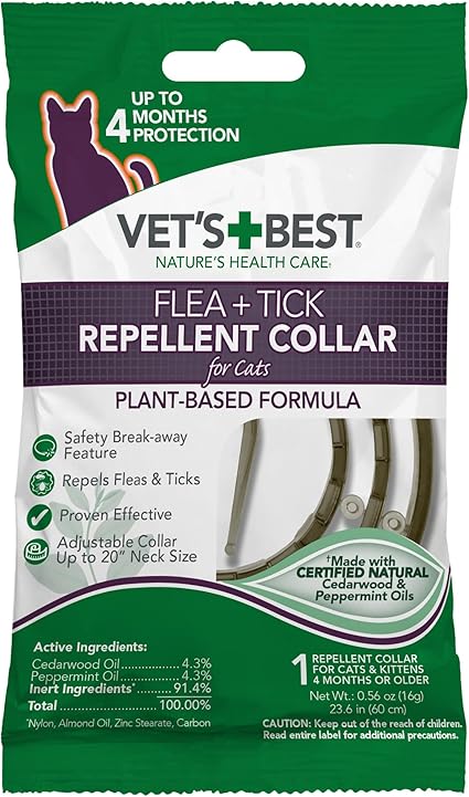 Vet's Best Flea and Tick Repellent Collar for Cats - Flea and Tick Prevention for Cats - Plant-Based Ingredients - Certified Natural Oils - Up to 20” Neck Size