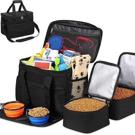 Kundu Cat & Dog Travel Bag - Includes 2 Food Carriers, 2 Bowls & Place Mat - Airline Approved - Black,6 Piece Set,KDU-011