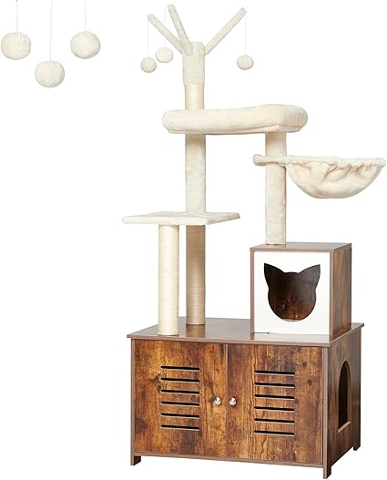 GAOMON 2-in-1 Cat Tree Tower with Litter Box Enclosure, Scratching Posts, Cat Hammock, and Observation Decks