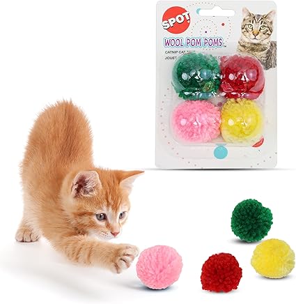 SPOT Ethical Wool Pom Poms with Catnip Cat Toy, 4-Pack