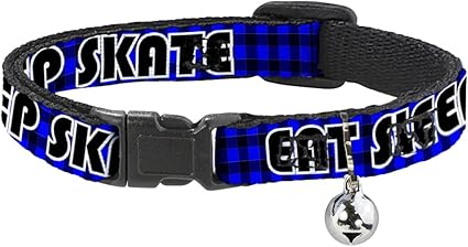 Cat Collar Breakaway Eat Sleep Skate Buffalo Plaid Blue 8 to 12 Inches 0.5 Inch Wide