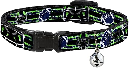 Cat Collar Breakaway Football Helmet Stripe Black Neon Green Blue 8 to 12 Inches 0.5 Inch Wide