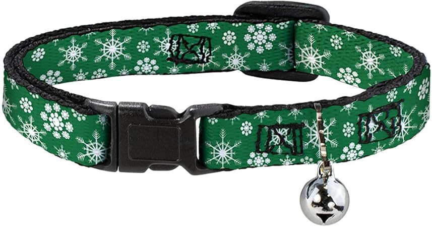 Buckle-Down Cat Collar Breakaway Snowflakes Green White 8 to 12 Inches 0.5 Inch Wide