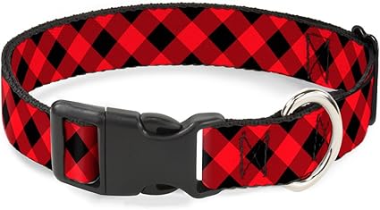 Buckle-Down Plastic Clip Collar - Diagonal Buffalo Plaid Black/Red - 1/2