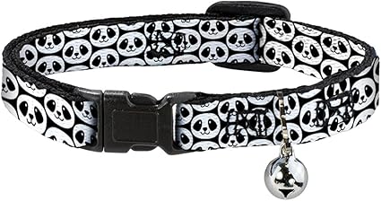 Cat Collar Breakaway Smiling Panda Repeat Black White 8 to 12 Inches 0.5 Inch Wide