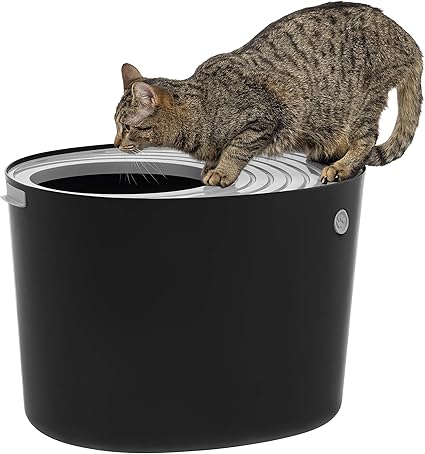 IRIS USA Cat Litter Box, Top Entry Litter Box with Scoop, Stylish Round Cat Litter Box Enclosure, Kitty Litter Box, Black/Gray