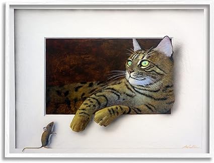 Stupell Industries Manx Cat Resting Curious Mouse Peering Illusion, Design by Alan Weston