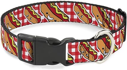 Cat Collar Breakaway Hot Dogs Buffalo Plaid White Red 9 to 15 Inches 0.5 Inch Wide