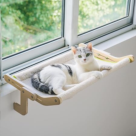 MEWOOFUN Sturdy Larger Cat Window Perch Cat Hammock for Window Cat Window Seat Bed with Reversible Mat No Suction No Drilling Cat Perches Holds Up to 40lbs (Beige-Large)