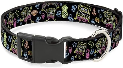 Cat Collar Breakaway Electric Spongebob Poses Elements Black Multi Color 9 to 15 Inches 0.5 Inch Wide