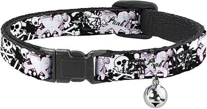 Cat Collar Breakaway Punk Heart Cross Bones Skulls Splatter Black White 8 to 12 Inches 0.5 Inch Wide