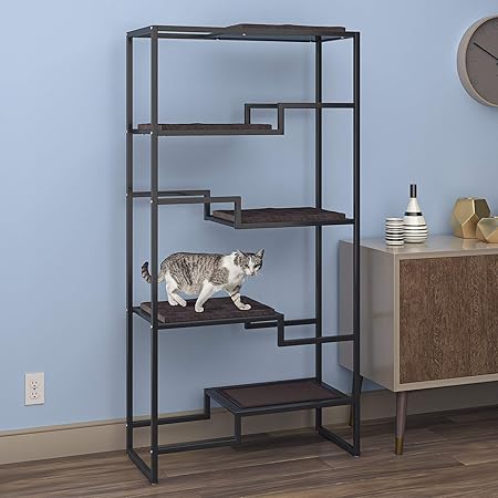 THE REFINED FELINE 62 Inch Tall Metropolitan Cat Condo, Black Metal Frame Cat Tower, Multi-Level Modern Cat Tree for Indoor Cats, Black Platforms with Brown Replaceable Cushions & Scratching Post