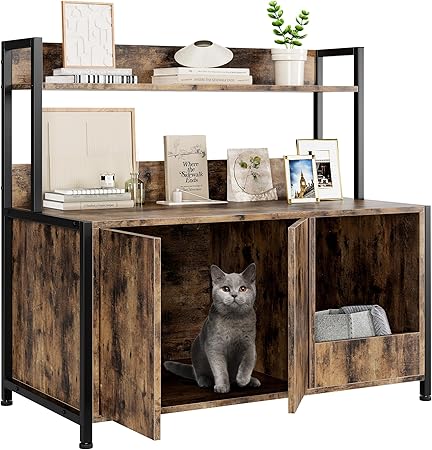 Litter Box Enclosure with Shelves, Large Hidden Litter Box with Doors, Indoor Tall Litter Box Furniture, Cat Wooden Washroom Furniture with Scratching Pad, Pet Storage Cabinet, Rustic Brown