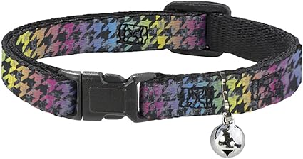 Buckle-Down Cat Collar Breakaway Houndstooth Black Rainbow 8 to 12 Inches 0.5 Inch Wide