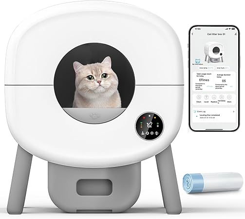 Self-Cleaning Cat Litter Box, 76L/13L Large Capacity, Automatic for Multiple Cats, Smart App Control, Safety Protection, Includes Garbage Bag (White)