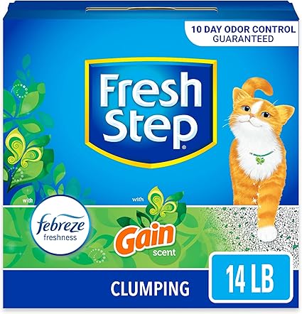 Fresh Step Clumping Cat Litter with Febreze Gain Scent, Long Lasting Odor Control Kitty Litter with Activated Charcoal, Low Dust Formula, 14 lb