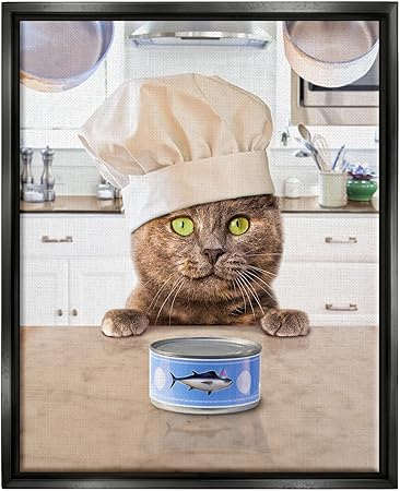 Stupell Industries Cat Chef & Tuna Can Black Framed Floater Canvas Wall Art Design by Michael Quackenbush