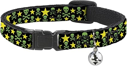 Cat Collar Breakaway Skulls Stars Black Green Yellow 8 to 12 Inches 0.5 Inch Wide